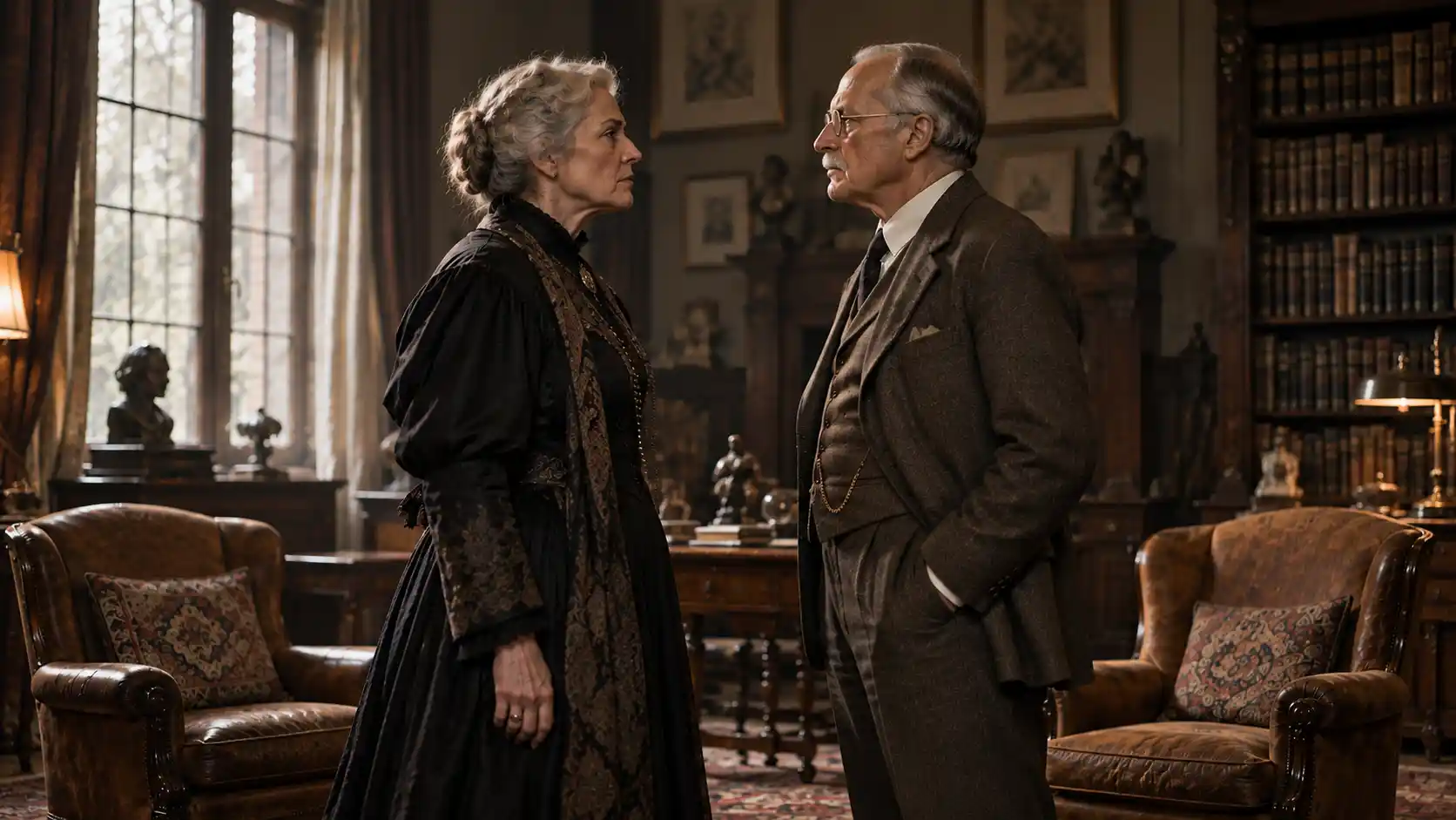 Two elderly adults in Victorian clothing stand face-to-face in a grand wood-paneled library, tense moment between them.