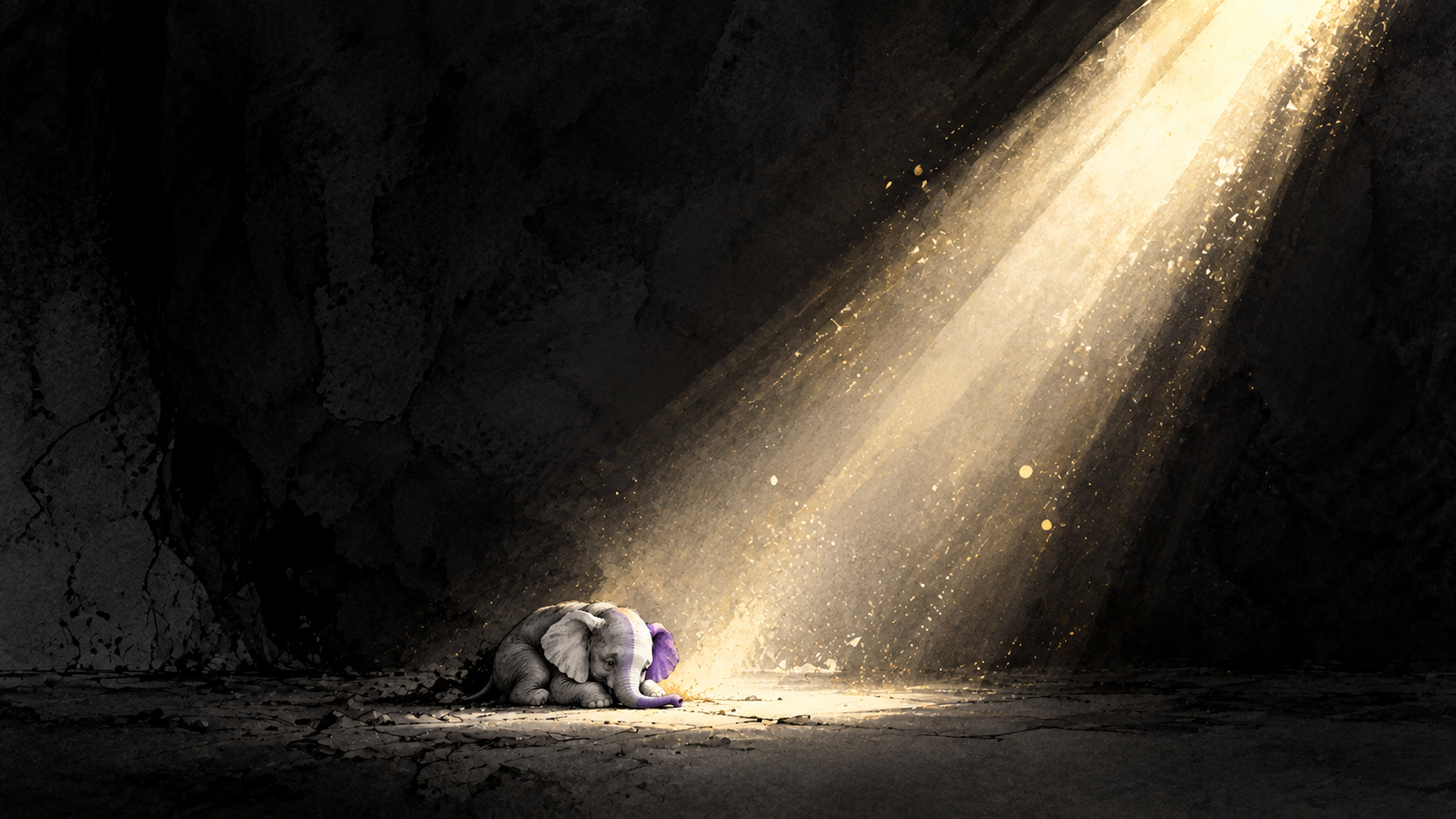Small gray elephant figurine lying on a cracked floor, bathed in a golden spotlight from the right.